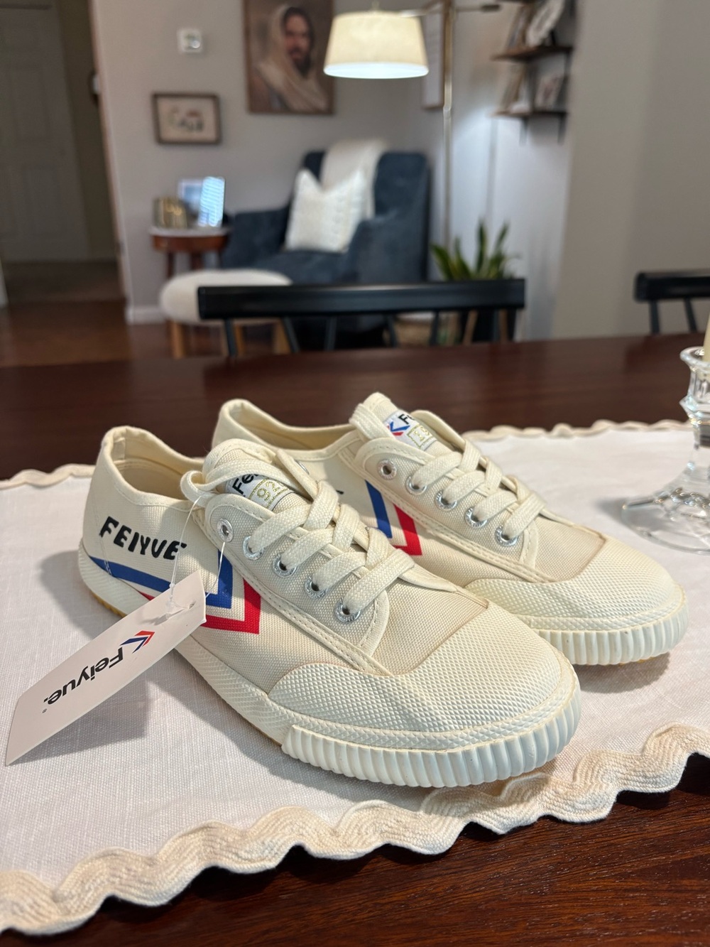 Feiyue White Sneakers with Red and Blue Accents Sz W  8 M 6 NWTS
